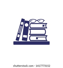 icon with a stack of books and textbooks and glasses, monochrome image, sign, logo, isolated vector illustration