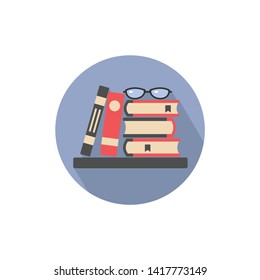 icon with a stack of books and textbooks and glasses,color image in a circle, sign, logo, isolated vector illustration