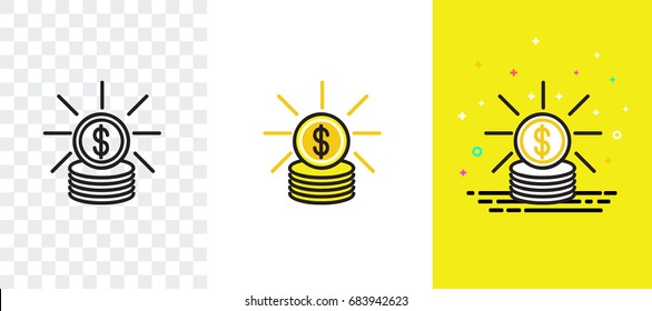 Icon stack of coins, contour icon, flat style, transparent background, gold coins dollars, money