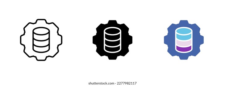 An icon of a stack of coins inside a gear or cog, representing the idea of financial transactions or investments. Vector set of icons in line, black and colorful styles isolated.