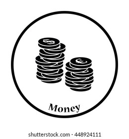 Icon of Stack of coins. Thin circle design. Vector illustration.