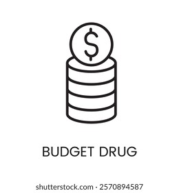 An icon of stacked coins with a dollar symbol in vector, representing budget friendly drug options, with an editable stroke.