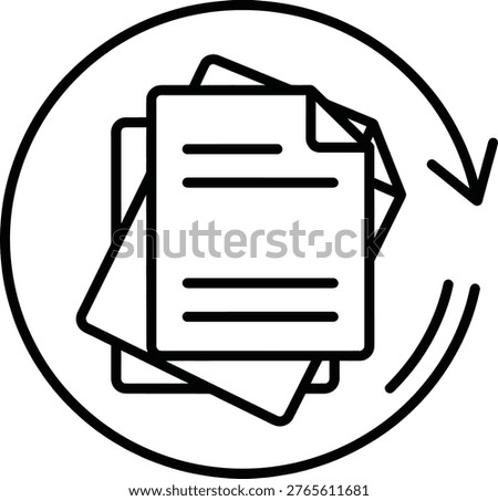 Icon of stacked documents with lines of text and a circular arrow indicating a process isolated on white background