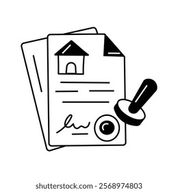 Icon with a stamp on documents for property approval