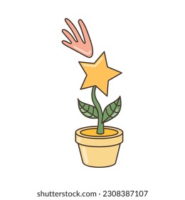 Icon of a star growing from a stem in a flower pot.  Illustration in cartoon style. 70s retro clipart  vector design.