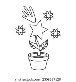 Icon of a star growing from a stem in a flower pot.  Illustration in outline  style. 70s retro vector design.