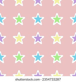 Icon stars multicolor on pink background seamless pattern for wallpaper, fabric, clothing,backdrop,texture, wrapping paper, notebook cover ,curtain,pillow case and stationary.