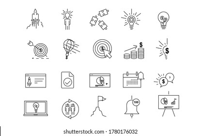 Icon Startup line simple set.Launch Project Business report and Target dollar. Strategy marketing, Management office. Startup technology idea concept. Thin line art style design for business. vector