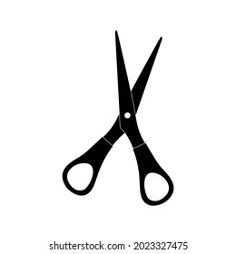 The icon of stationery sharp scissors with plastic handles is black on a white background. A vector image.