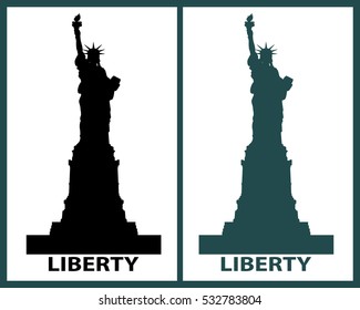 Icon, the Statue of Liberty USA. New York landmark. poster. Set two illustrations. sculpture. Black and dark green silhouette on a dark green background. logotype. American symbol. Vector EPS 10