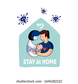 Icon Let’s stay home. Family in the house. Linear style logo for mobile concept and web design. Flat symbol illustration. Business concept with text. Virus molecules outside around