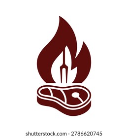 Icon of steak with fork on fire for barbecue or grill concept