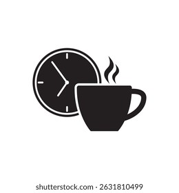 Icon of a steaming cup and a clock representing time for coffee break or relaxation