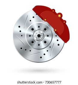 Icon steel brake disc with perforations and red caliper. Brake system of the vehicle. Tuning auto parts sign. Vector illustration isolated on white background