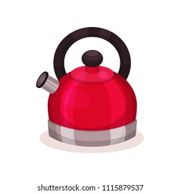 Icon of steel bright red kettle with brown handle. Kitchen utensil. Flat vector element for banner or poster of household store