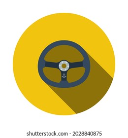 Icon Of Steering Wheel. Flat Circle Stencil Design With Long Shadow. Vector Illustration.