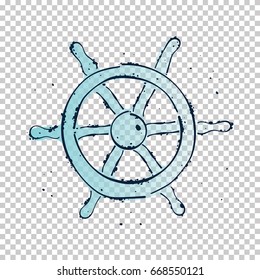 Icon steering wheel ship. Grunge style icon with drops. Doodle vector transparent backgroun. Sea collection