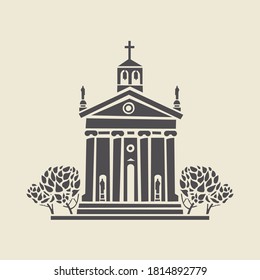 Icon or stencil of a stylized bell tower with columns and bushes. Decorative vector illustration of a chapel in flat style, isolated on a light background