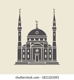 Icono o galería de símbolos de una mezquita musulmana estilizada. Ilustración decorativa vectorial de la fachada de un edificio religioso islámico tradicional en un estilo plano, aislado en un fondo claro