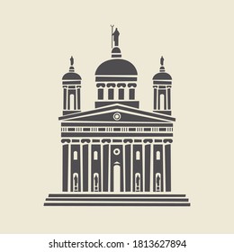 Icon or stencil of a stylized old administrative building with architectural columns, pediment and steps. Decorative vector illustration of building facade isolated on a light background