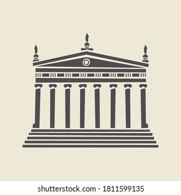 Icon or stencil of a stylized old building with architectural columns, pediment and steps. Decorative vector illustration of a portico isolated on a light background in flat style