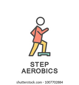 Icon step aerobics. Physical exercises using the step-platform. The thin contour lines with color fills.