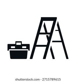 Un icono de una escalera y una caja de herramientas para proyectos de bricolaje y mejoras para el hogar en un sitio de construcción o en un taller.
