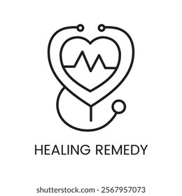 An icon of a stethoscope forming a heart with a heartbeat line in vector, symbolizing healthcare and healing remedies, with an editable stroke.