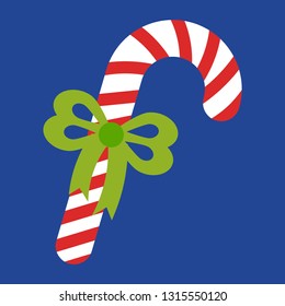 Сhristmas icon with stick candy and green bow . Isolated vector illustration for winter holidays