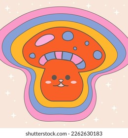 Icon, sticker, batten with red smiling amanita on wave psychedelic background in hippie style