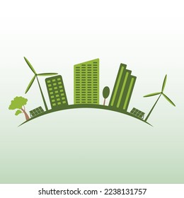 icon, sticker, button, logo on the theme of saving and renewable energy with city, houses, solar panels and Wind turbines in green colors