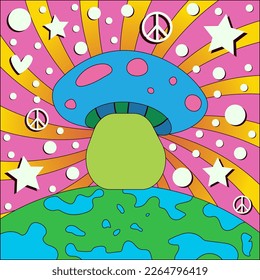 Icon, sticker, button with mushroom on Earth on wave psychedelic background with stars, hearts in retro hippie style