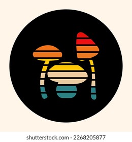 Icon, sticker, button with mushrooms in bright rainbow colors in hippie style. Retro