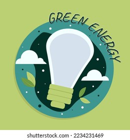 icon, sticker, button on the theme of saving and renewable energy with bulb, leaves, clouds	