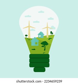 icon, sticker, button on the theme of saving and renewable energy with landscape with house, trees, clouds, wind turbines inside bulb.