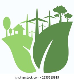 icon, sticker, button on the theme of saving and renewable energy with leaves, trees, house and Wind turbines