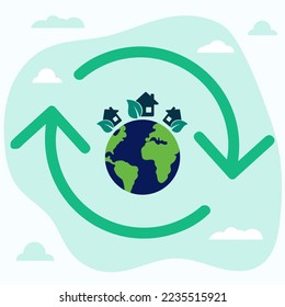 icon, sticker, button on the theme of saving and renewable energy with earth, planet, houses, leaves and icon renewable