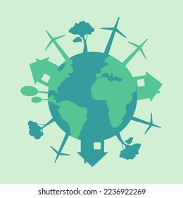 icon, sticker, button on the theme of saving and renewable energy with earth, planet, house and Wind turbines