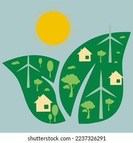 icon, sticker, button on the theme of saving and renewable energy with leaves, trees, house and Wind turbines.	