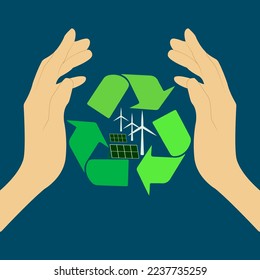 icon, sticker, button on the theme of saving earth with hands holding icon renewable and wind turbine, solar panel on blue background