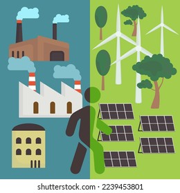 icon, sticker, button on the theme of saving and renewable energy with one part with non-renewable energy and other part with wind turbines, solar panels and human between them