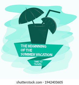 the icon is a sticker for creating a design on the theme of recreation vacation and travel, a glass with a drink inside, an umbrella and a slice of fruit, and a flag with an inscription slogan
