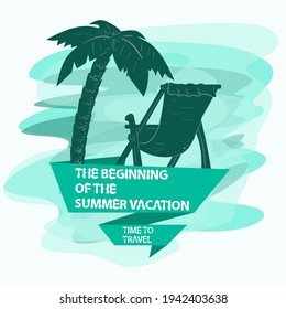 the icon is a sticker for creating a design on the theme of vacation vacation and travel, a palm tree and a beach chair, and a flag with an inscription slogan, the background can be removed