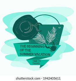 pegatina de icono para diseño sobre el tema de vacaciones y viajes, Bolsa y sombrero Panamá del sol, con un lema de inscripción de bandera, el fondo puede ser removido