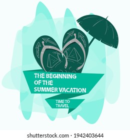 pegatina de icono para diseño sobre el tema de vacaciones y viajes, zapatillas de playa con paraguas y una bandera, con un lema de inscripción, el fondo se puede eliminar