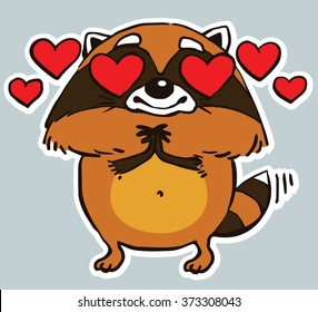 Icon sticker funny lover raccoon. Cartoon. Vector. Characters.  Isolated objects. 