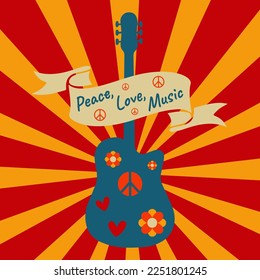 Icon, sticker in hippie style with blue guitar, peace sign, flowers and text Peace, Love, Music. Retro style	