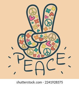 Icon, sticker in hippie style with floral V sign and text Peace on a beige background with flowers, hearts and peace signs