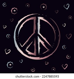 Icon, sticker in hippie style with hand drawn gradient Peace sign, flowers and hearts on dark background.