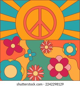 Icon, sticker in hippie style with landscape with sun, flowers and peace sign in retro colors